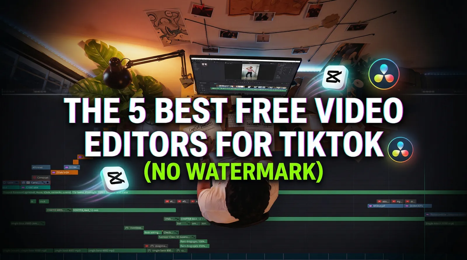 A collage of logos for the best free video editors for TikTok, including CapCut and DaVinci Resolve.