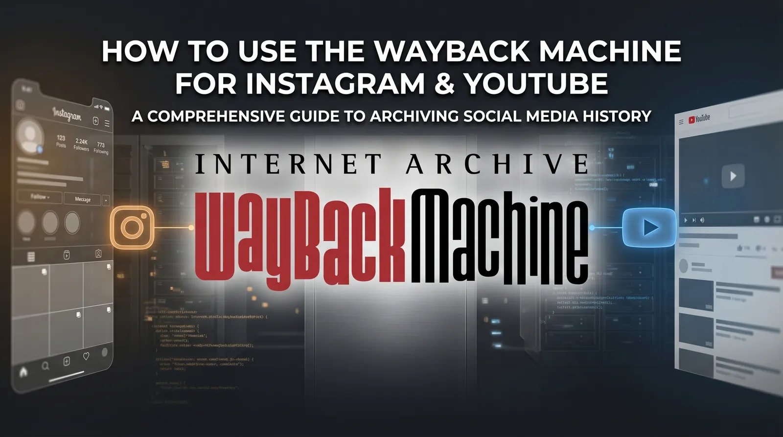 A digital archeology concept showing a glowing computer screen displaying the Wayback Machine interface, recovering deleted YouTube videos and faded Instagram posts from a digital void.