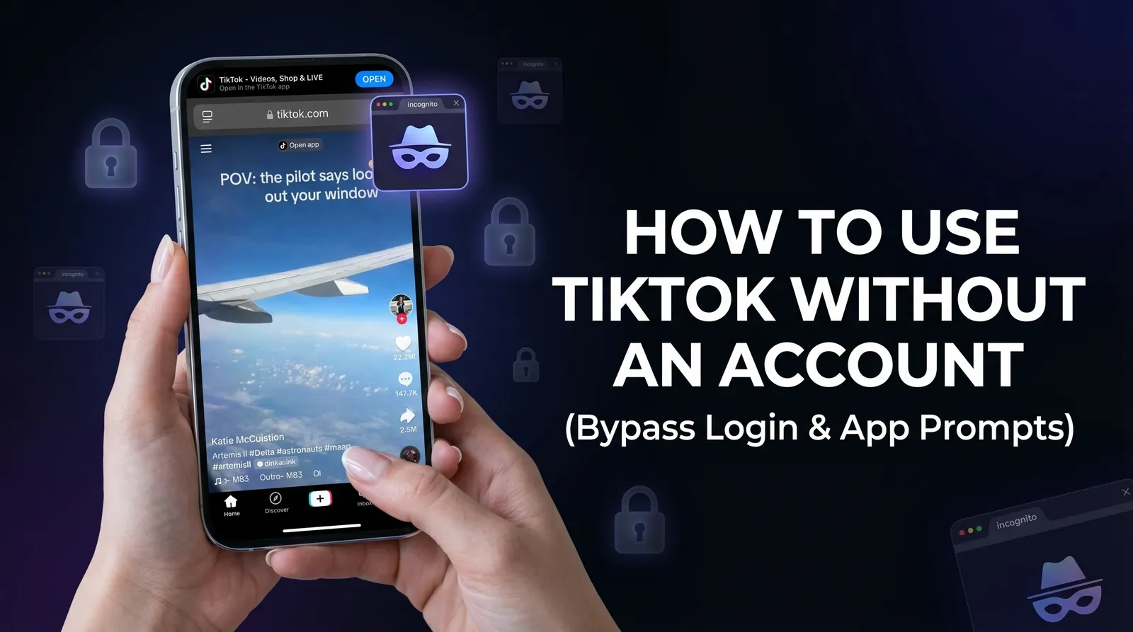 A person holding a smartphone displaying a TikTok video in a web browser with a glowing incognito mask icon, symbolizing anonymous viewing without the app.