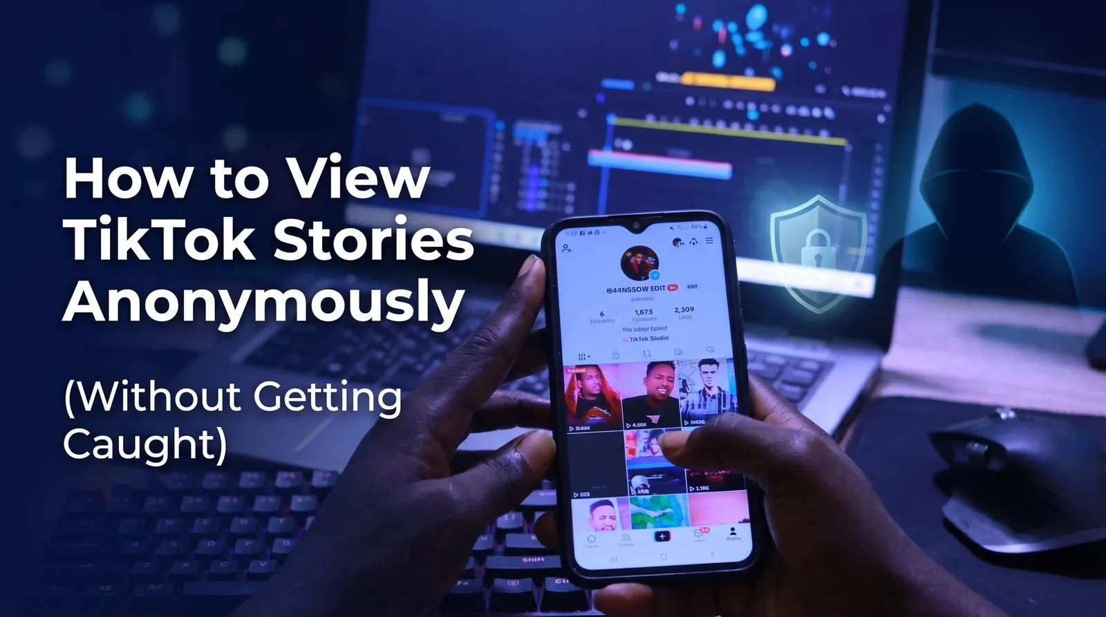 A split-screen digital illustration showing a smartphone displaying a TikTok story next to a glowing, anonymous silhouette protected by a digital privacy shield.