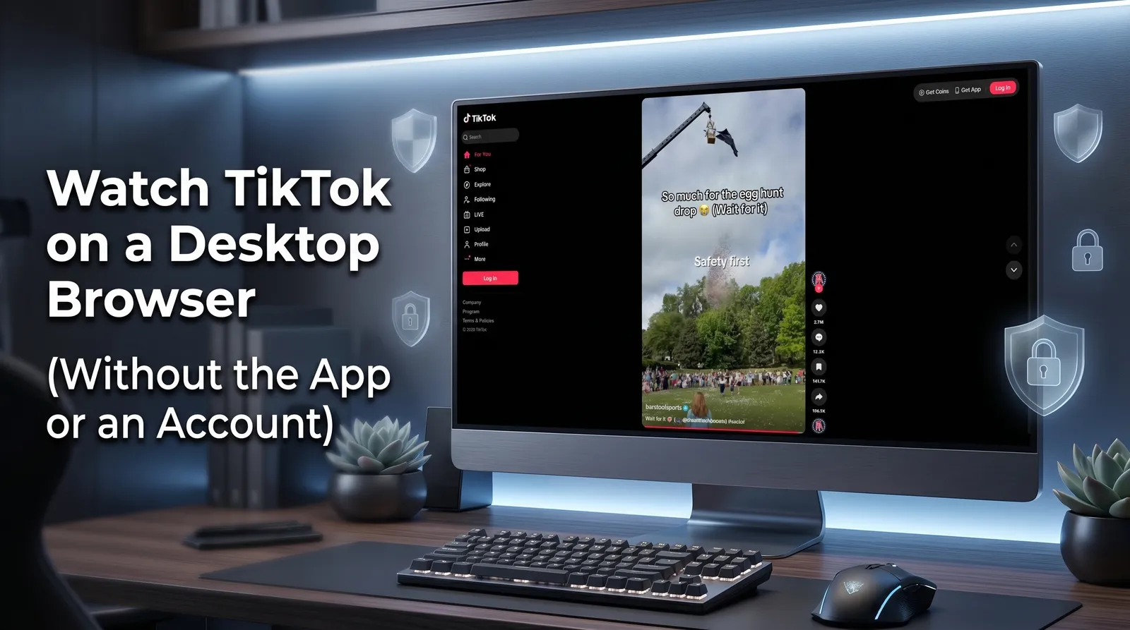 A sleek computer monitor displaying the TikTok web interface, surrounded by glowing digital shields and privacy locks, symbolizing secure and anonymous desktop browsing.