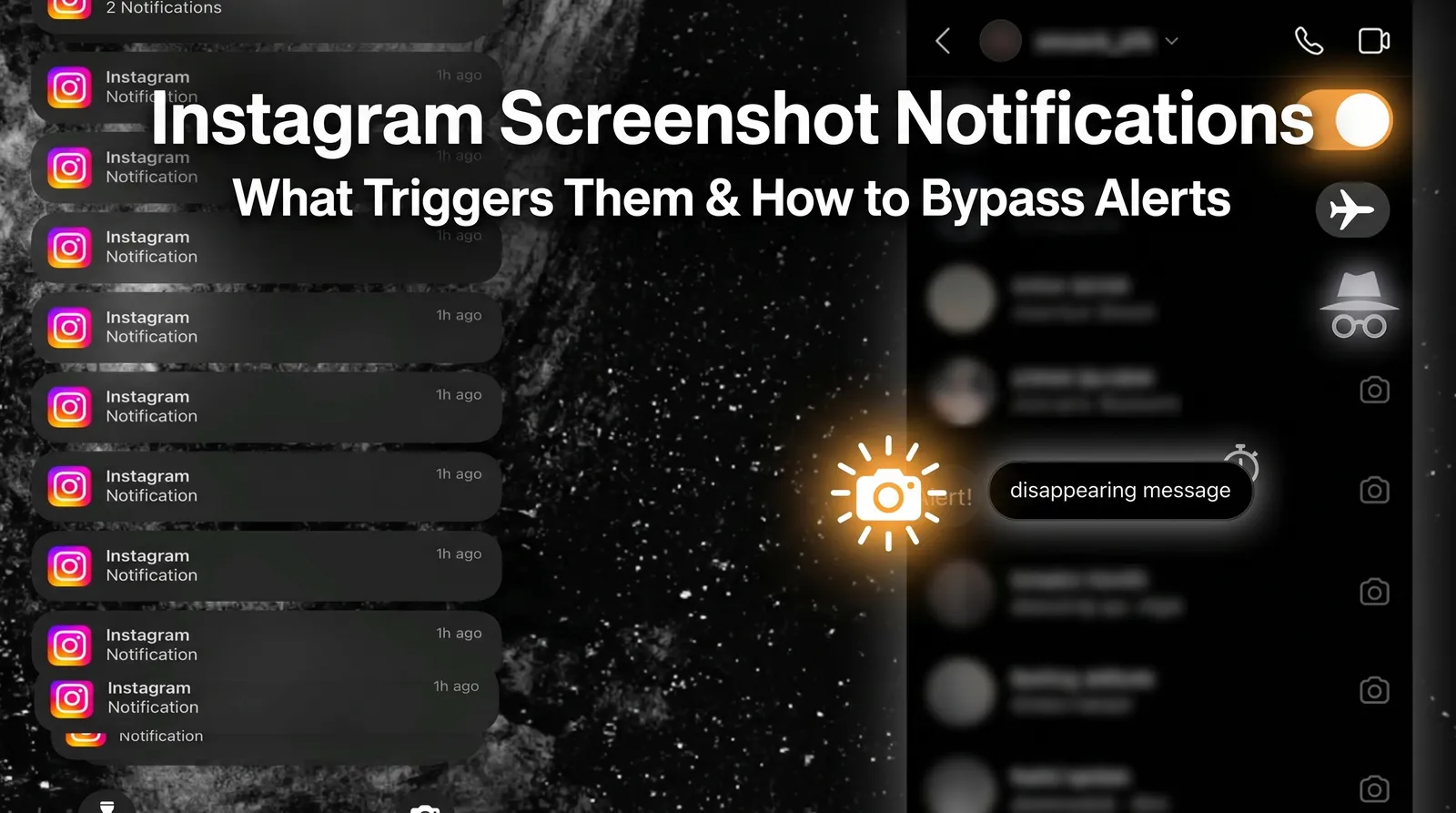A split-screen conceptual graphic showing a smartphone displaying an Instagram disappearing DM with a warning sunburst icon on one side, and a stealthy user successfully bypassing the alert using airplane mode on the other.