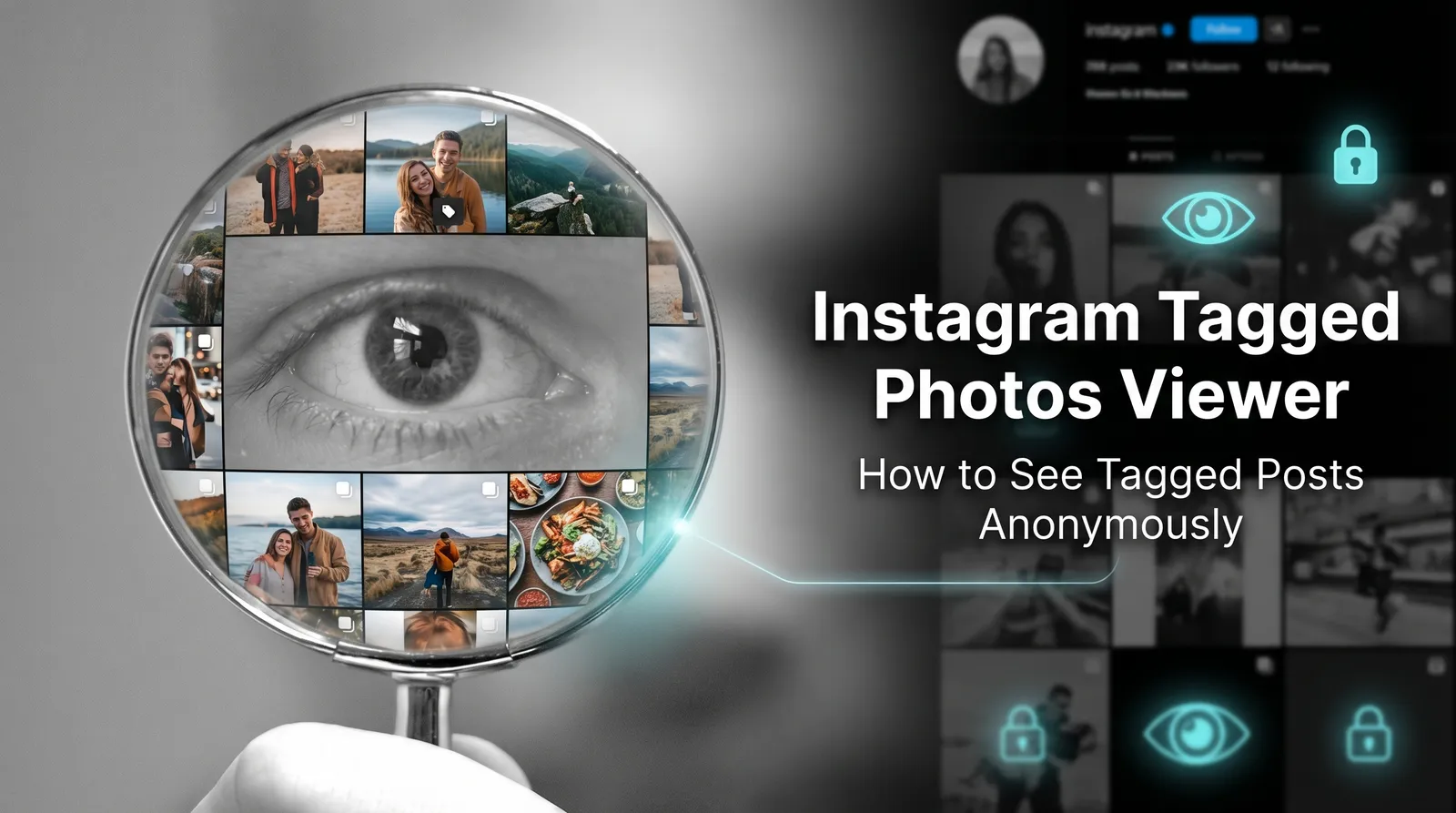 A conceptual digital illustration showing a magnifying glass revealing hidden tagged photos on an anonymous Instagram profile interface, emphasizing privacy.