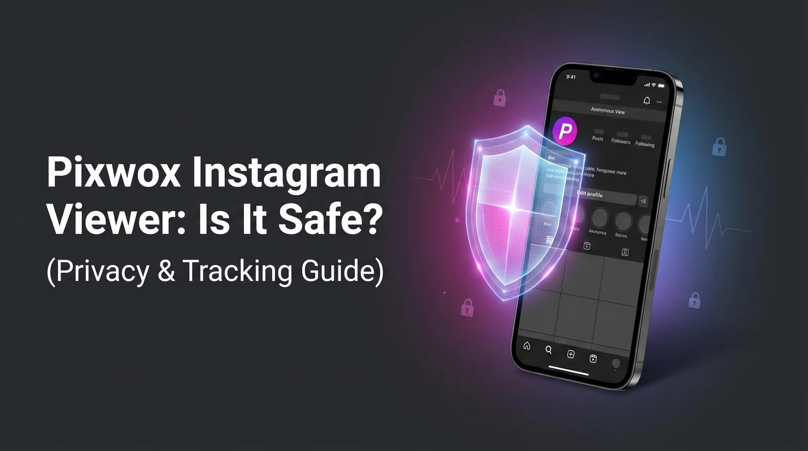 A glowing digital shield protecting a smartphone displaying an anonymous Instagram profile, symbolizing cybersecurity and safe web scraping without tracking.