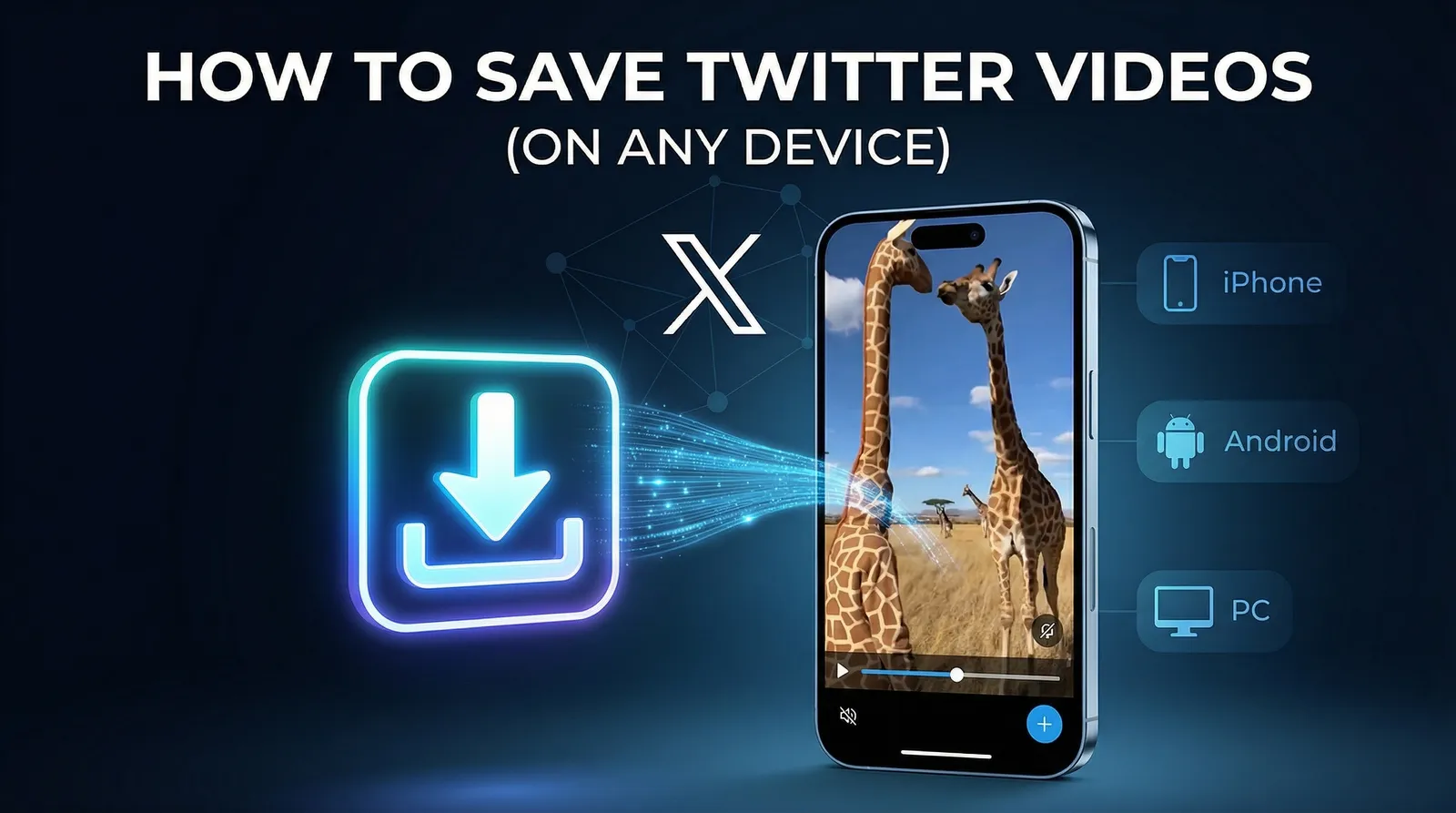 A graphic showing the Twitter logo and a download icon pointing to a smartphone, illustrating how to save Twitter videos.