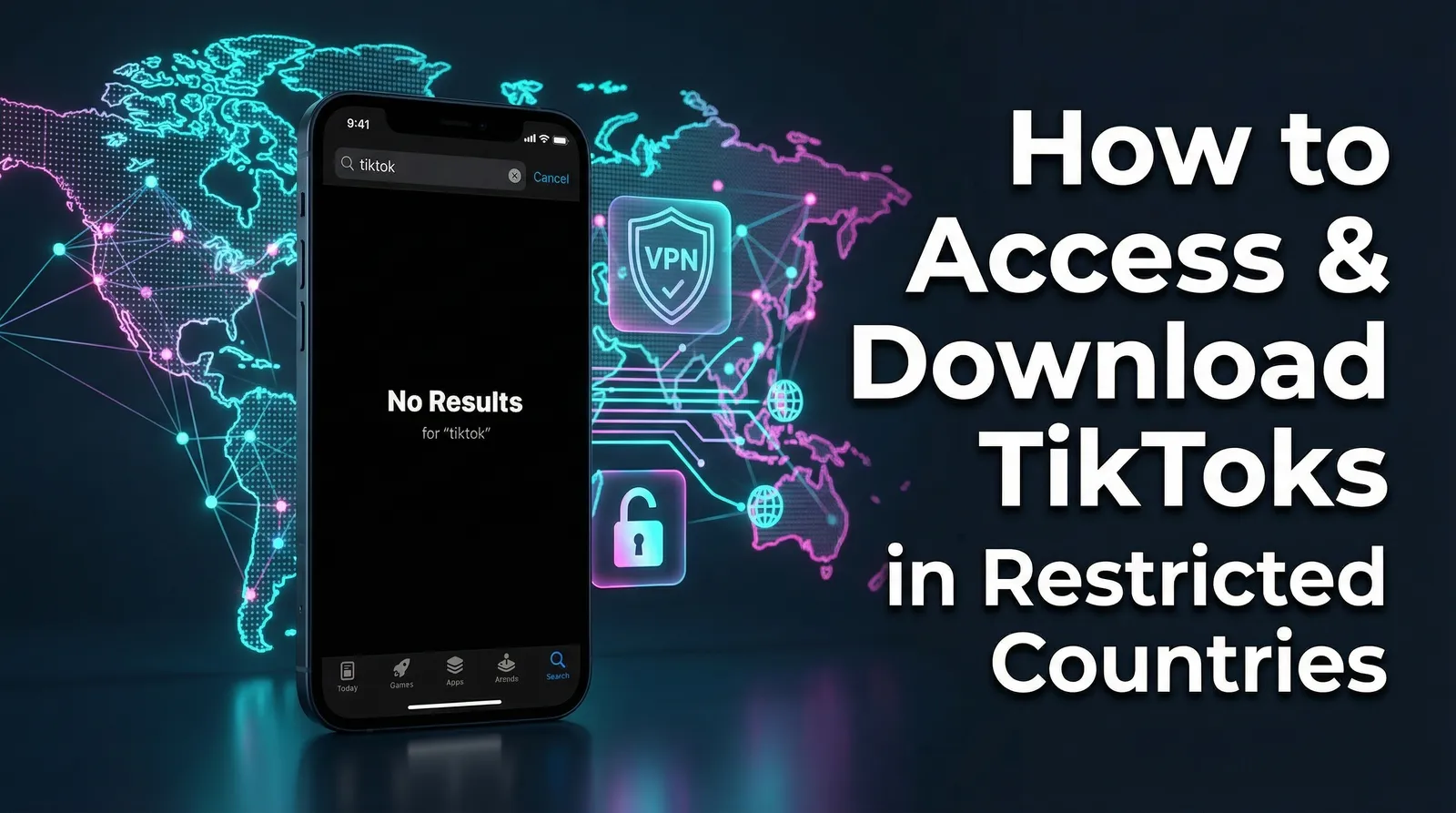 A phone showing the TikTok app with a lock symbol, illustrating how to access it in restricted countries.