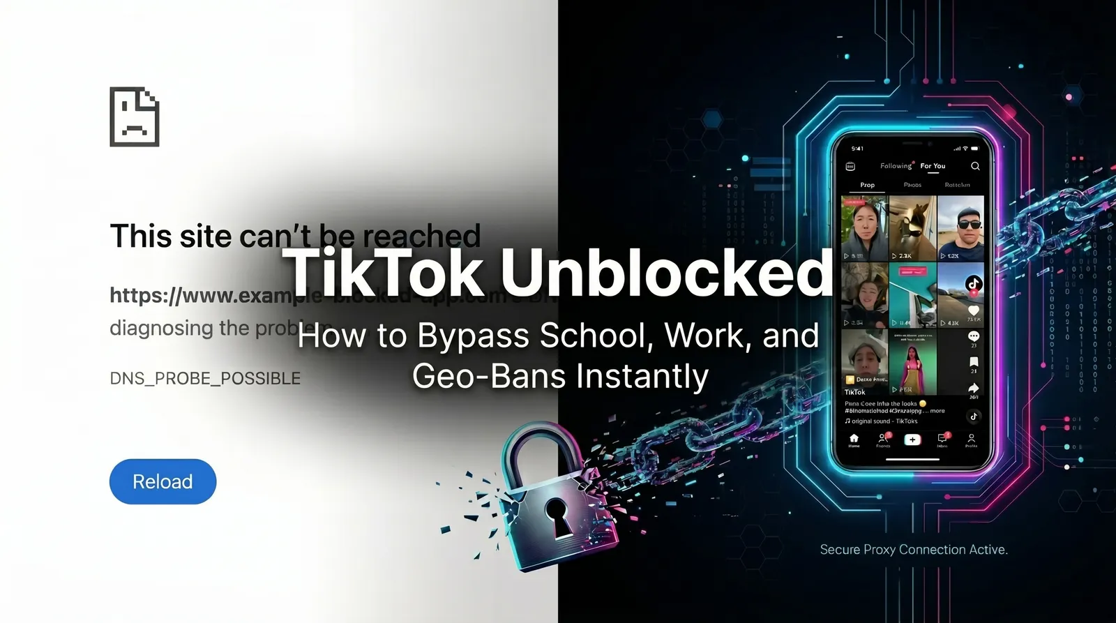 A split-screen illustration showing a locked school Chromebook with a restricted network warning on one side, and a glowing, unlocked screen seamlessly streaming TikTok videos using a stealth proxy connection on the other, set against a dark cybersecurity-themed background.